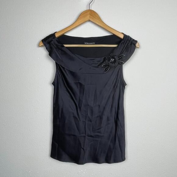 Tessuto Silk‎ Ruffle Neck Sleeveless Top M Whimsigoth Fairy Black Applique - Picture 1 of 6